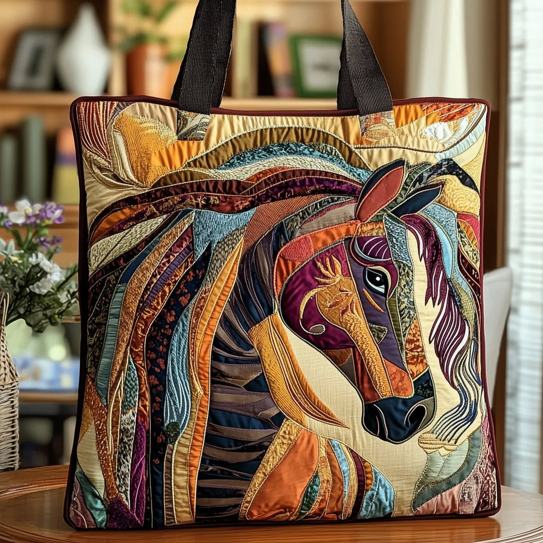 Quilted patchwork tote with a stitched horse portrait and dark straps, standing on a wooden table in a cozy room with flowers. 1