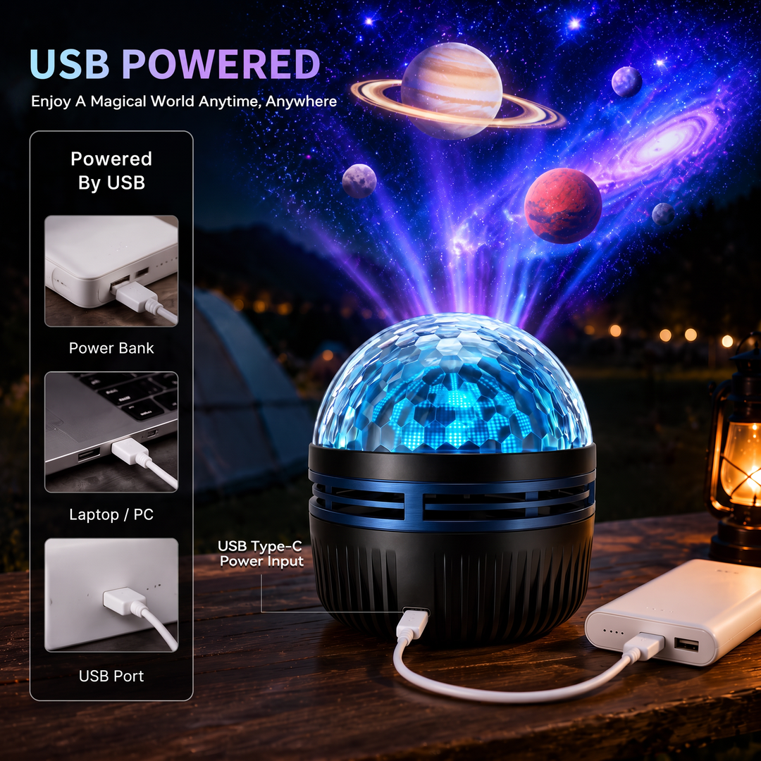 Black dome projector on a wooden table with a USB-C cable.