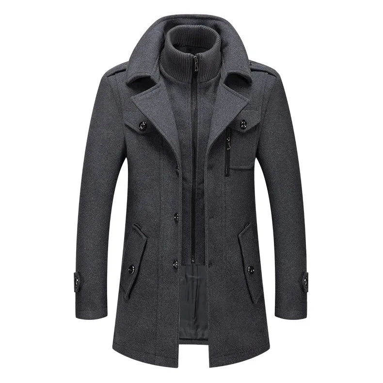 Gray overcoat laid flat from the front, with knit inner collar, notch lapels and slanted pockets 13