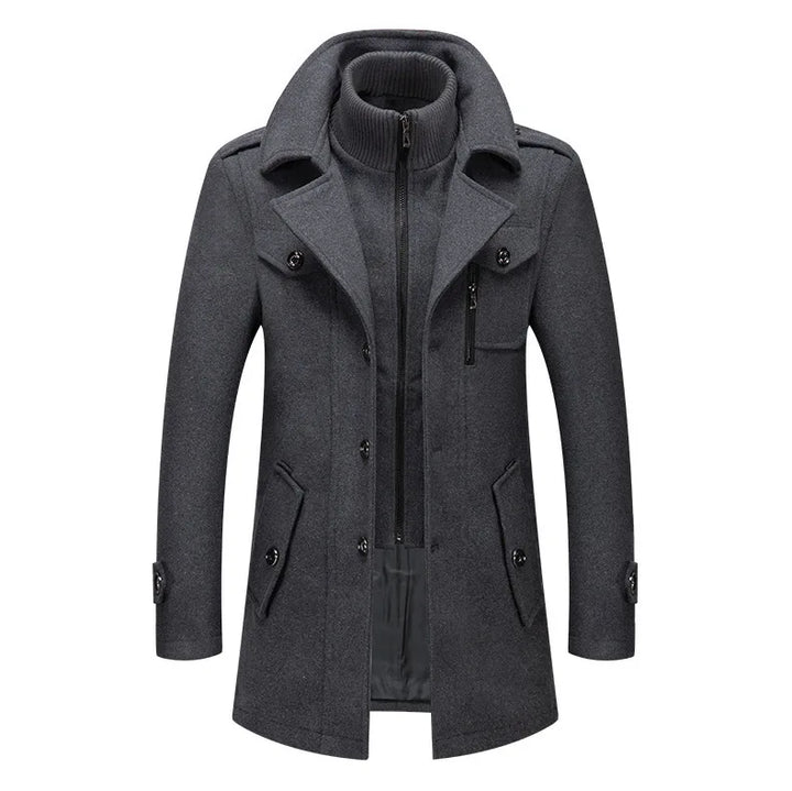 Gray overcoat laid flat from the front, with knit inner collar, notch lapels and slanted pockets 13