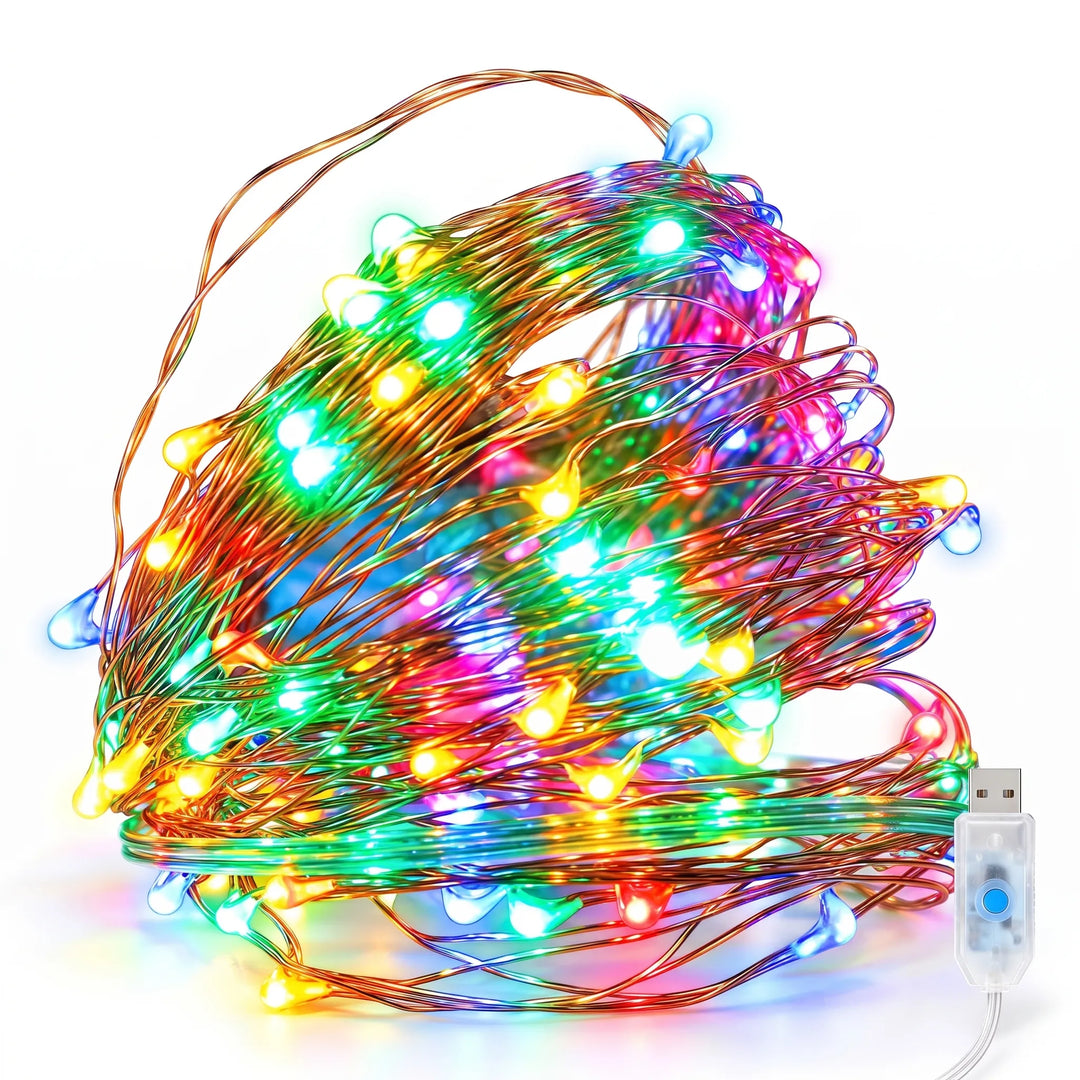 Multicolor LED string on copper wire, coiled and glowing on white, with a clear USB plug 13
