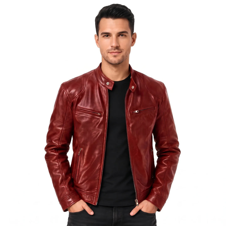 Smiling model in a red leather jacket and black tee on a white background 13