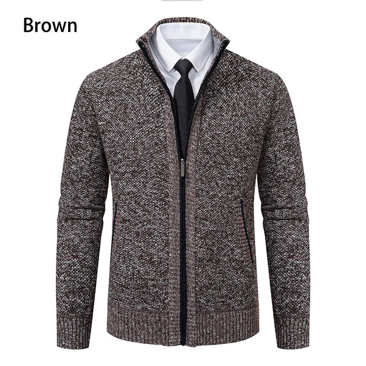 Brown speckled zip cardigan in straight front view, layered over a white shirt and black tie 13