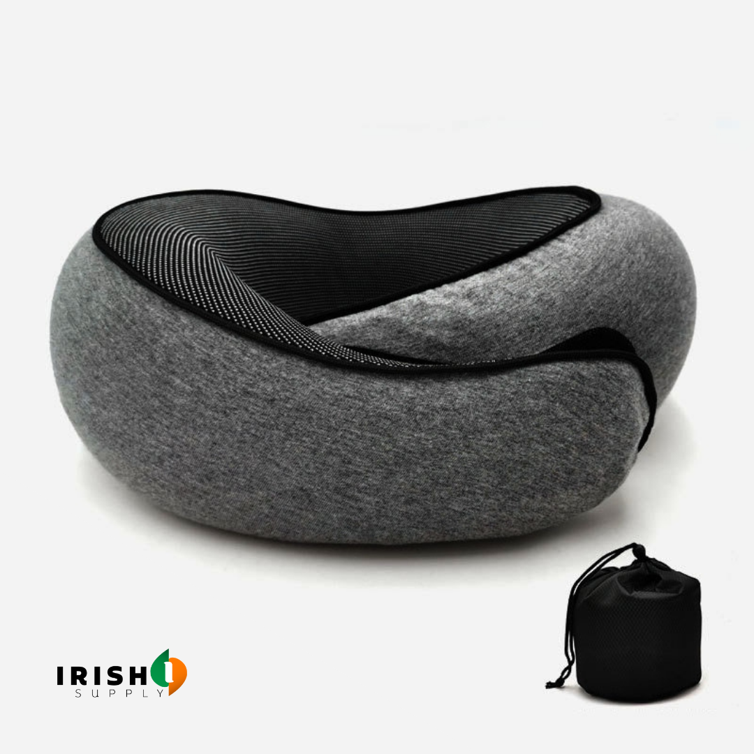 Dark gray front-support travel neck pillow with striped black inner panel and black trim, with a black drawstring pouch.