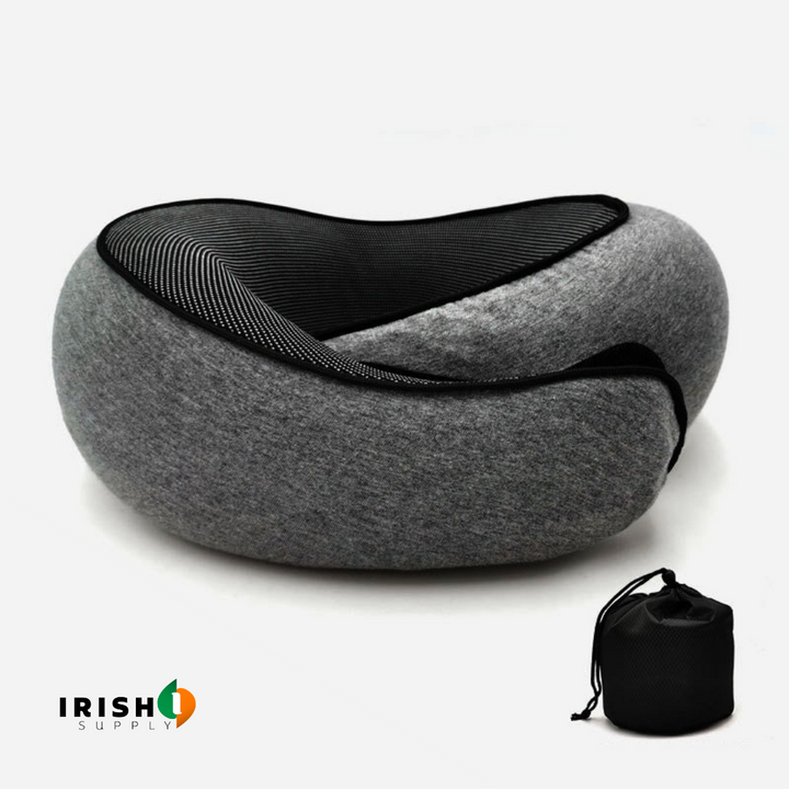 Dark gray front-support travel neck pillow with striped black inner panel and black trim, with a black drawstring pouch.