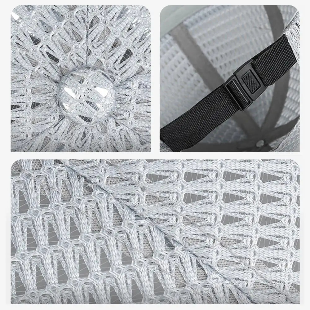 Three close-ups of gray mesh weave texture, top center button, and black buckle strap 13