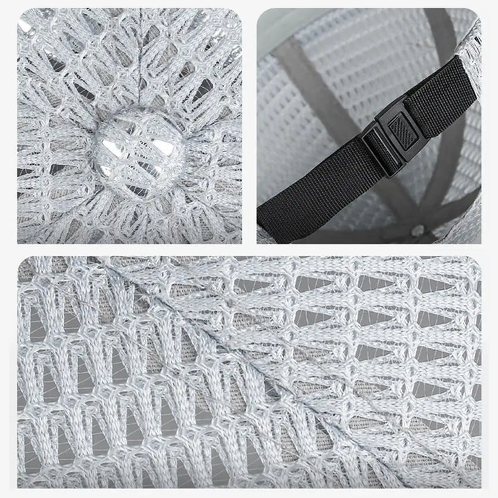Three close-ups of gray mesh weave texture, top center button, and black buckle strap 13