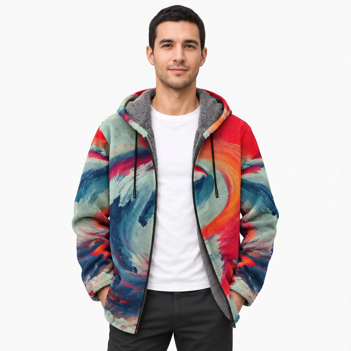 Man in a white tee wearing the open wave-print hooded jacket, hands in pockets, studio background 13