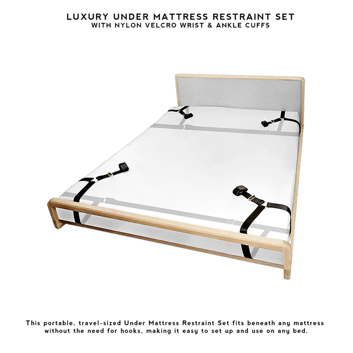 Under-Bed Restraint Set with Adjustable Cuffs another view of the black straps and cuffs fitted to a mattress