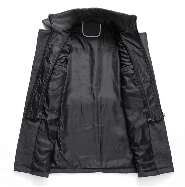 Gray overcoat opened flat to show the black quilted lining and zipped inner layer 14