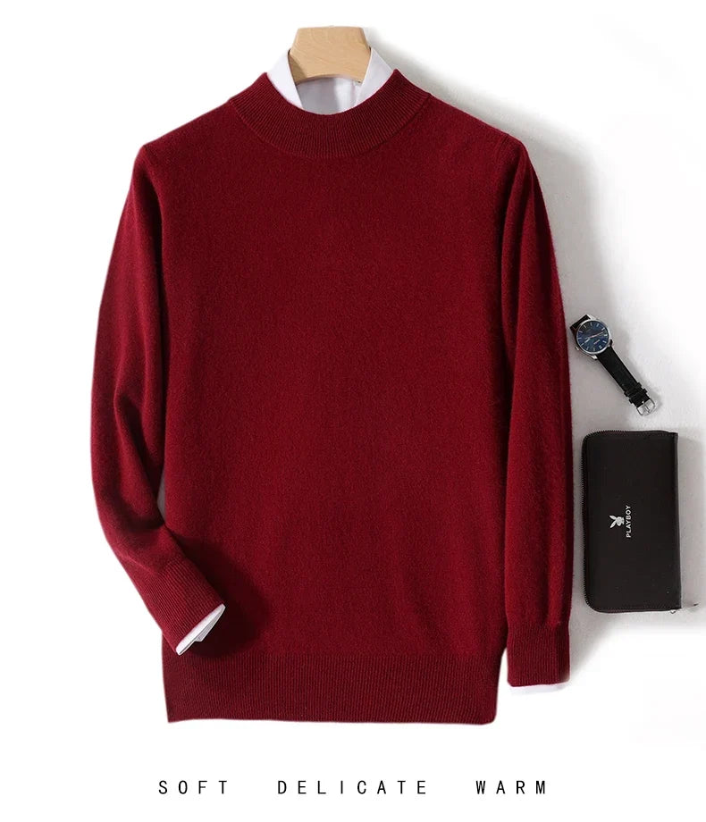Burgundy red knit sweater on a hanger over a white shirt, with a watch and black wallet 14
