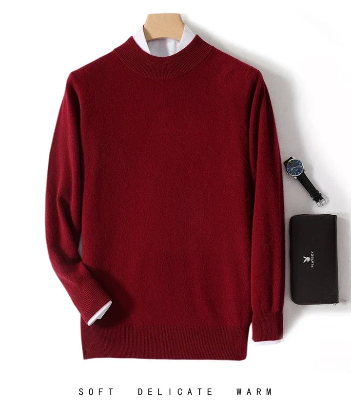 Burgundy red knit sweater on a hanger over a white shirt, with a watch and black wallet 14