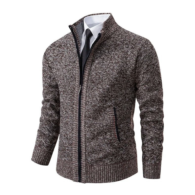 Brown speckled knit zip cardigan at an angle, showing the stand collar and ribbed hem 14