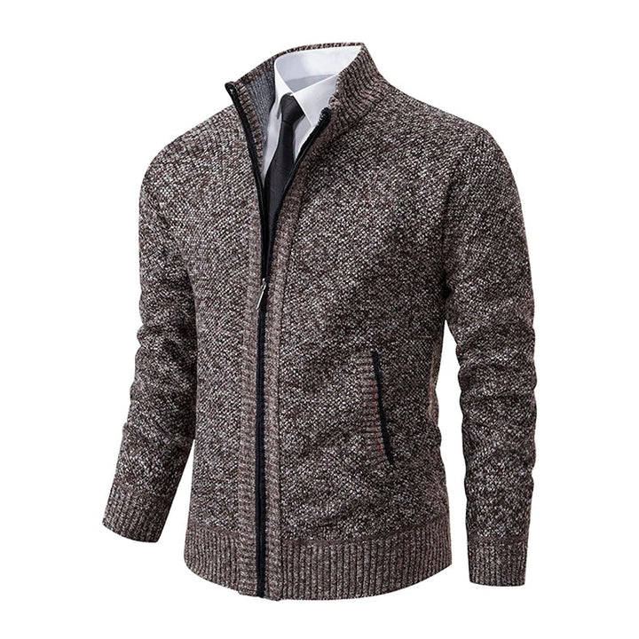 Brown speckled knit zip cardigan at an angle, showing the stand collar and ribbed hem 14