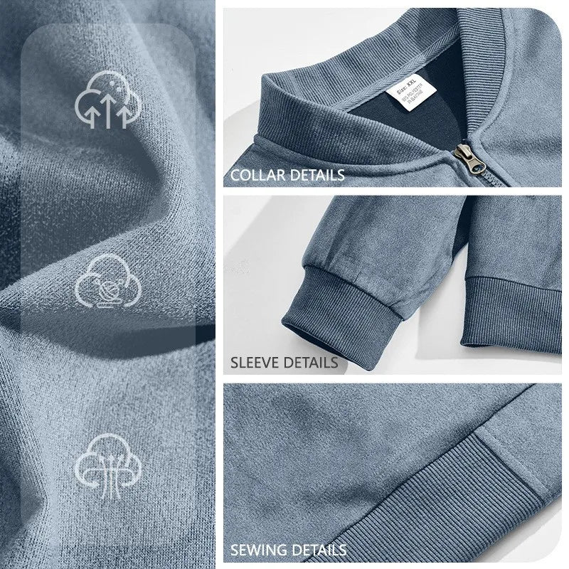 Blue jacket fabric with feature icons and close-ups of the collar, sleeve cuff and seam details 14