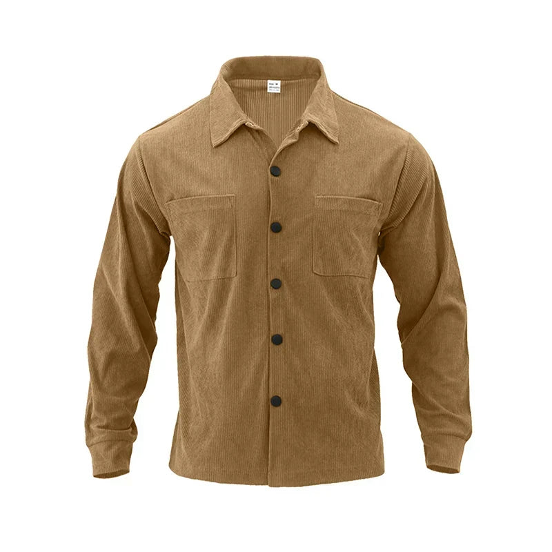 Front view of the tan ribbed button shirt on a plain background, with two chest pockets and ribbed cuffs 14