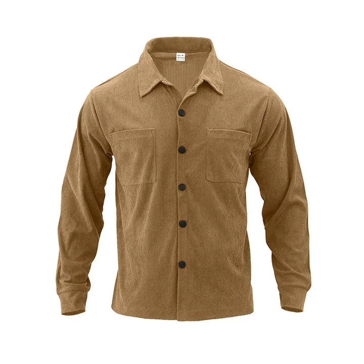 Front view of the tan ribbed button shirt on a plain background, with two chest pockets and ribbed cuffs 14