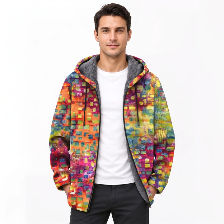Man wearing the open hooded jacket in a colorful mosaic square print over a white tee 14