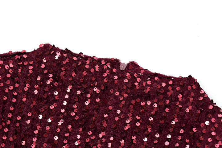 Close-up of burgundy sequined dress neckline with back zipper detail 14