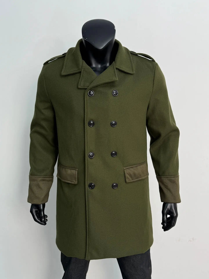 Front view of the olive green coat on a mannequin with eight black buttons in a double-breasted layout 14