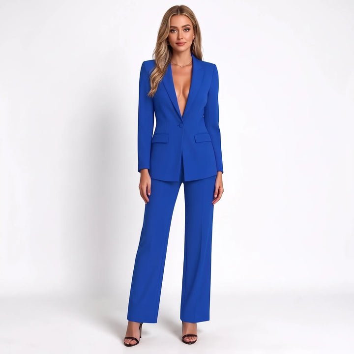 Full-length studio view of the royal blue suit with a single-button blazer and straight wide-leg pants 14