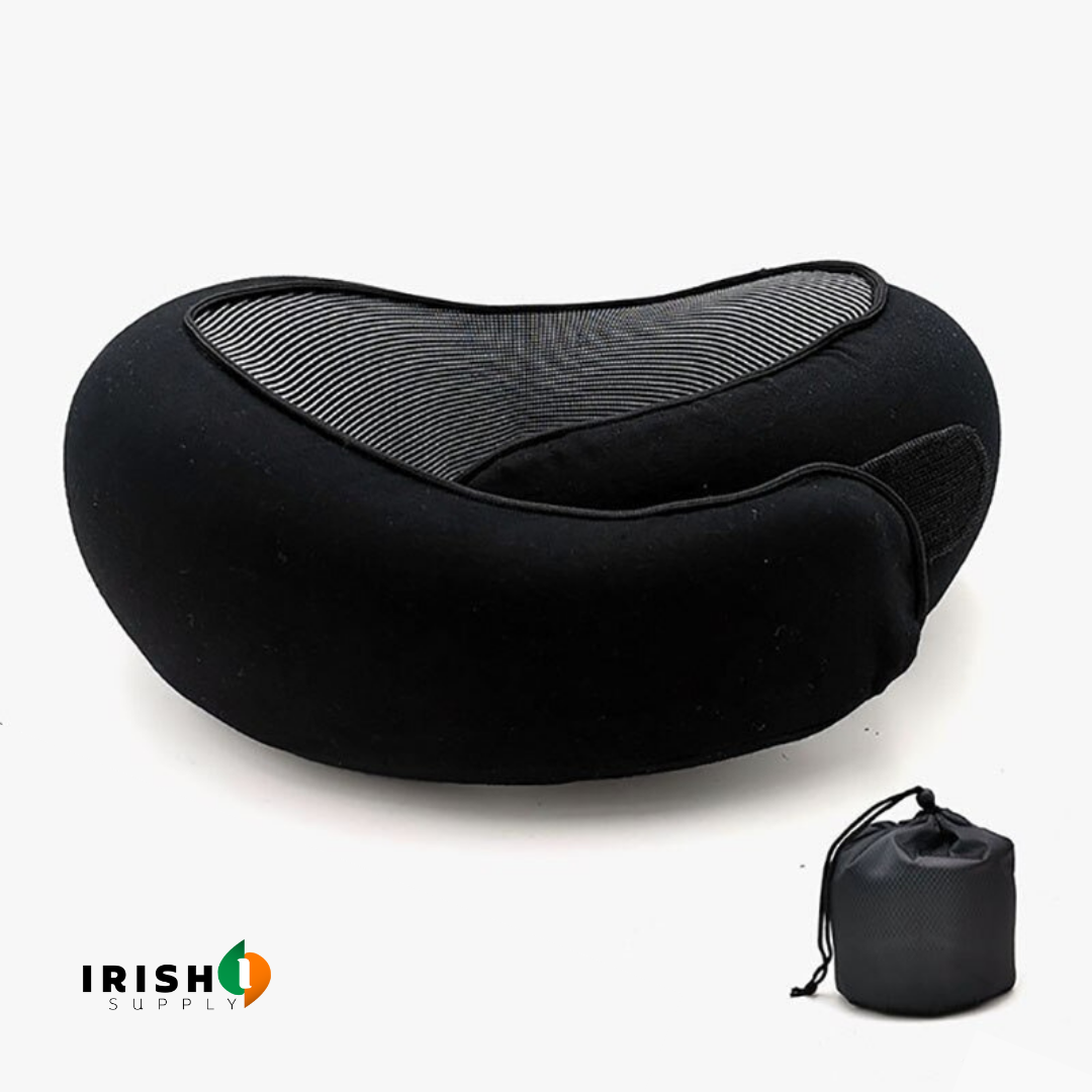 All-black front-support travel neck pillow with striped inner panel and black trim, with a black drawstring pouch.