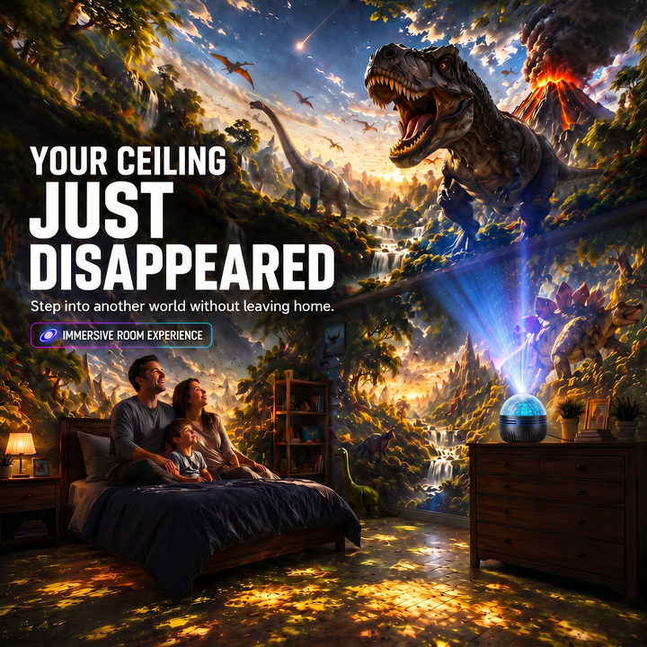 Black dome projector projecting a dinosaur jungle scene across the room.