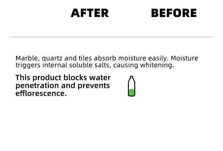 Text panel explaining that moisture causes whitening in marble and tile, with a small bottle icon 14