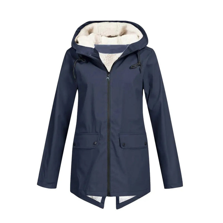 Another view of the navy blue jacket zipped, showing the fleece hood lining, drawstrings and snap-button flap pockets.