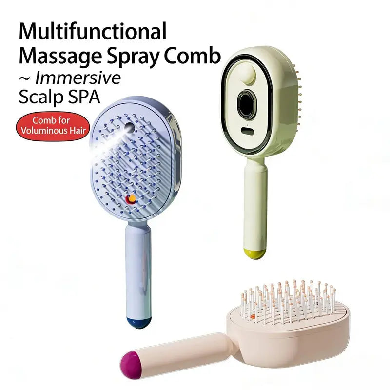 Three combs in blue, green and pink, one misting from its bristle side, shown together as a multifunctional scalp spa set. 12