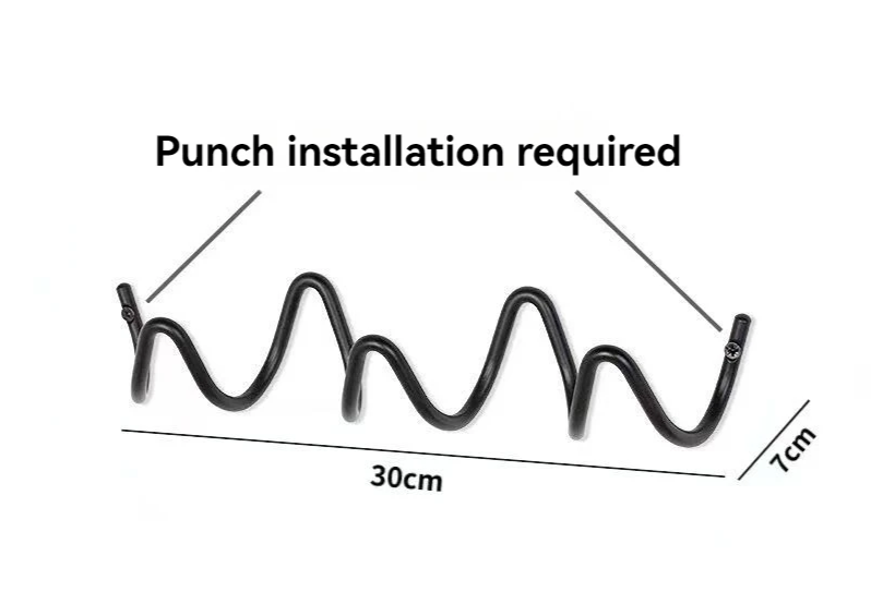 Silver metal wall rack dimension diagram with mounting ends and width and depth.