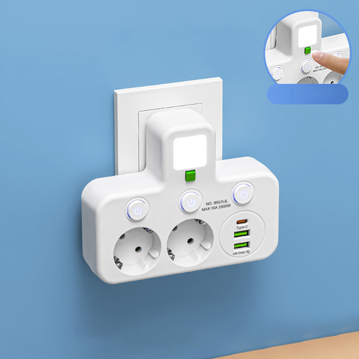 White power strip with USB-C and two USB ports, night light on, front view.