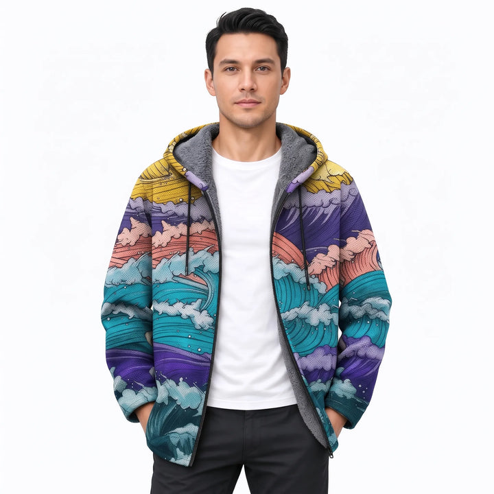 Man wearing the open hooded jacket printed with teal and purple ocean waves and yellow sky 15