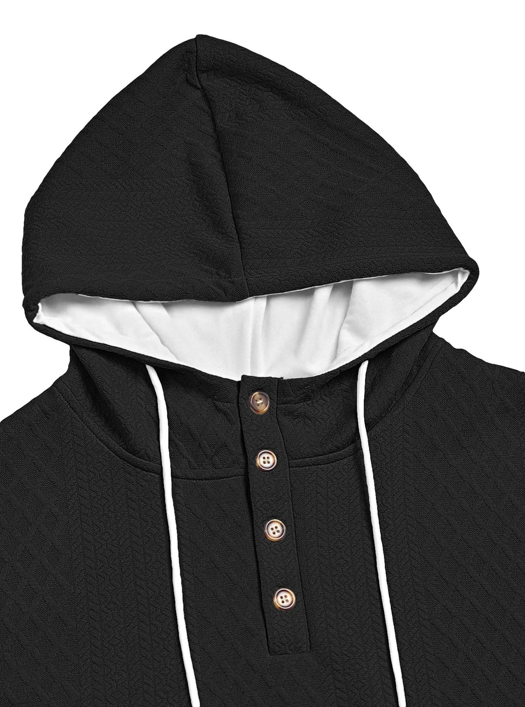 Close-up of a black hoodie's hood and four-button placket with white drawstrings and textured knit 15