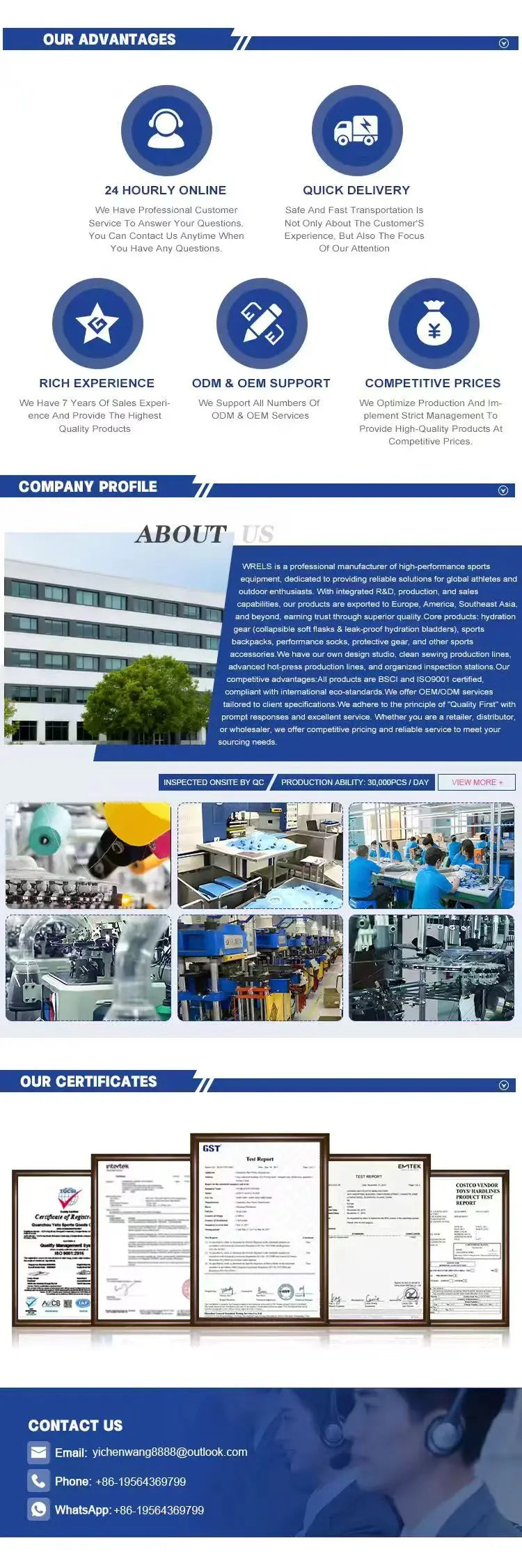 Supplier information graphic with company advantages, factory photos, certificates and contact details 15