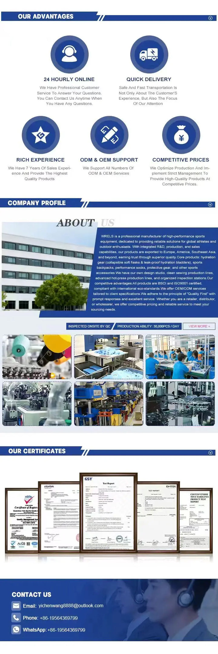 Supplier information graphic with company advantages, factory photos, certificates and contact details 15