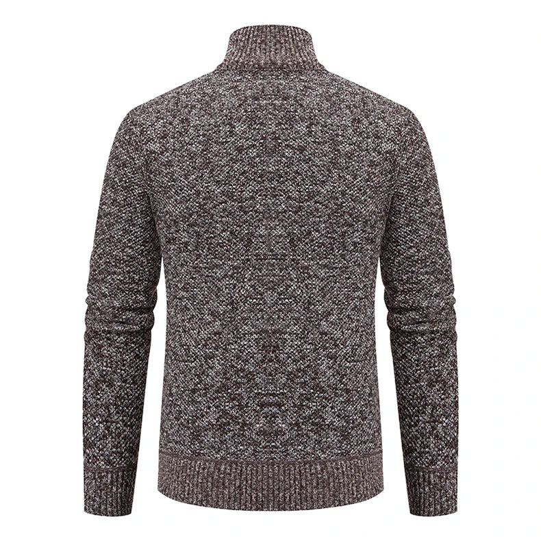 Back view of the brown speckled knit cardigan with ribbed collar, cuffs and hem 15