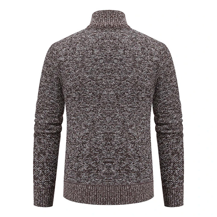Back view of the brown speckled knit cardigan with ribbed collar, cuffs and hem 15