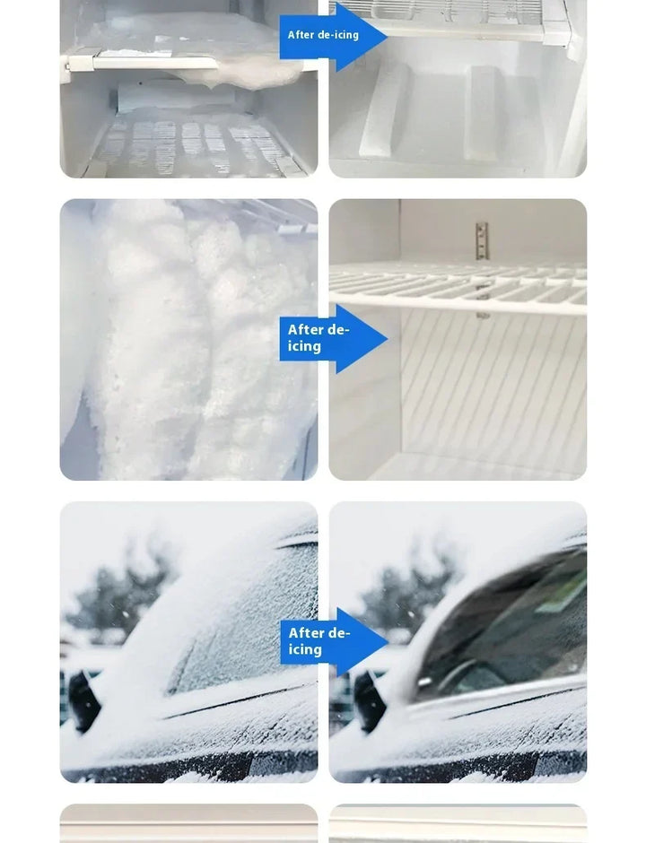 Three before-and-after pairs showing freezer ice, a frosted fridge shelf and a snowy car window cleared 15