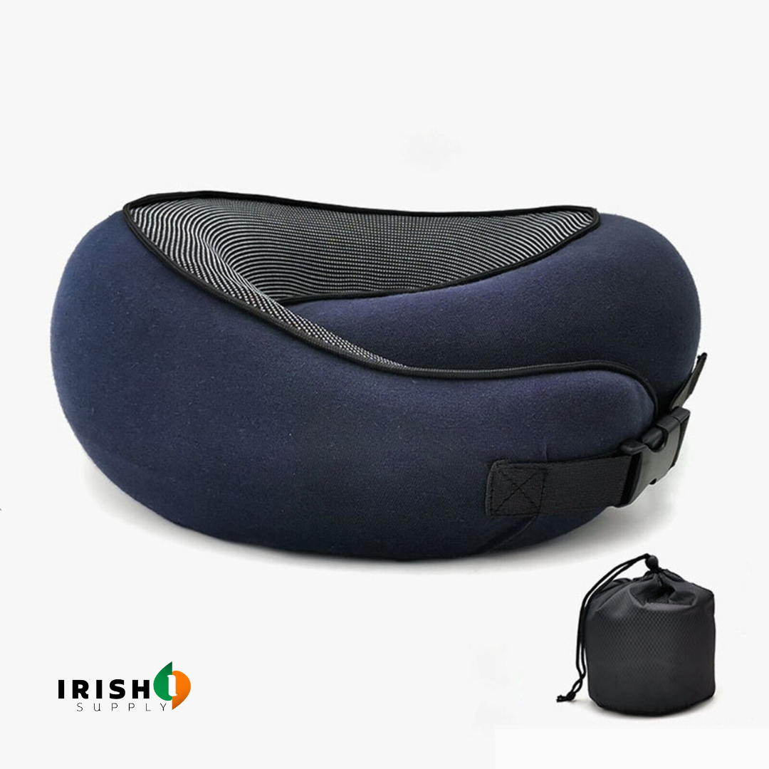 Navy blue front-support travel neck pillow with striped inner panel and black buckle strap, with a black drawstring pouch.