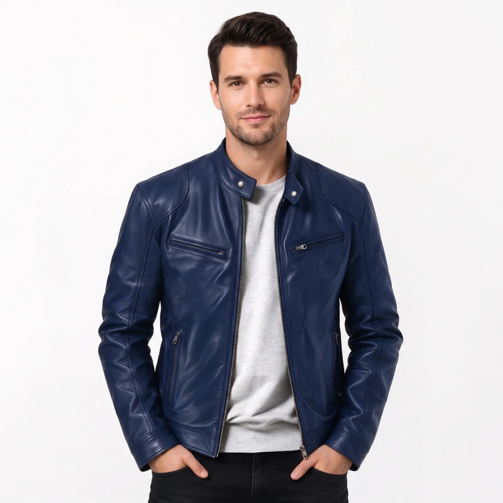 Smiling model in a navy leather biker jacket over a light gray tee 15