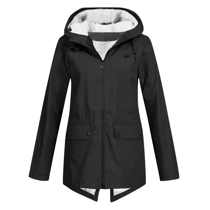Flat lay detail of the black version of the jacket with fleece-lined hood, front zipper and two snap flap pockets.