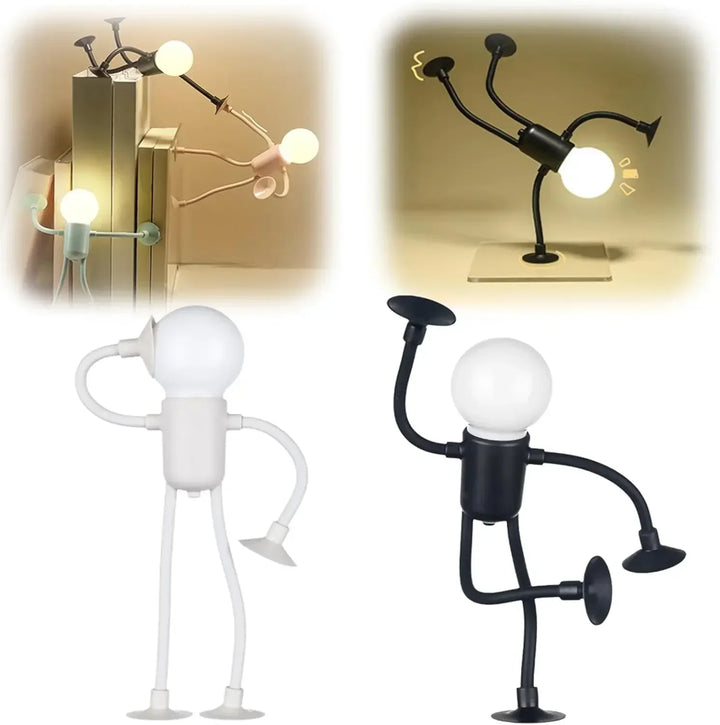 White and black figure lights shown standing with raised arms, plus book-climbing and handstand scenes above 15