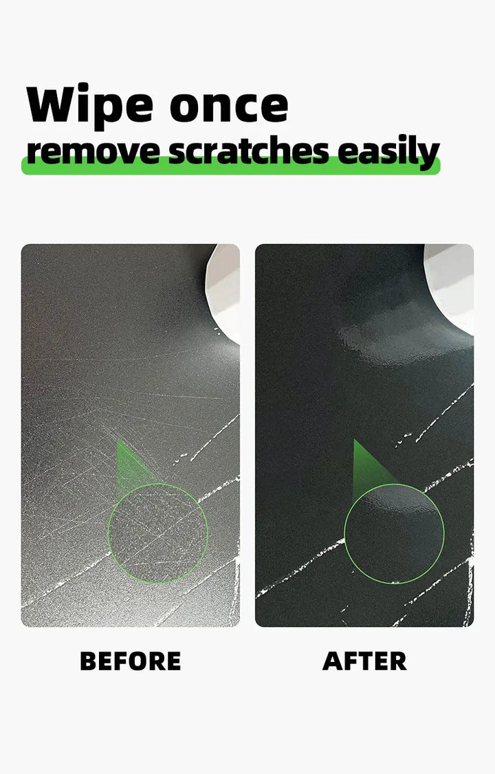Before and after close-ups of a scratched dark stone surface turning smooth and glossy after one wipe 15