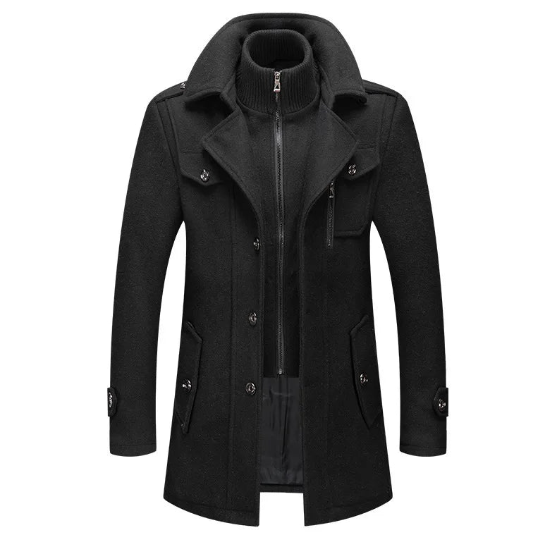 Black overcoat laid flat from the front, showing the knit zip collar and button front 16