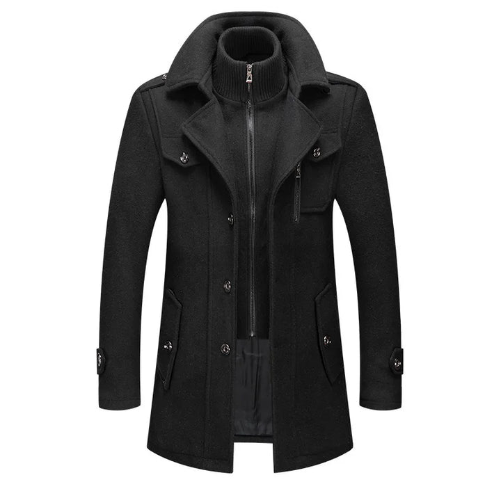 Black overcoat laid flat from the front, showing the knit zip collar and button front 16