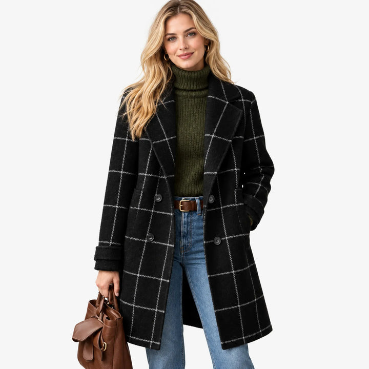 Blonde model in the black checked coat fastened with double-breasted buttons, over an olive turtleneck and jeans 16