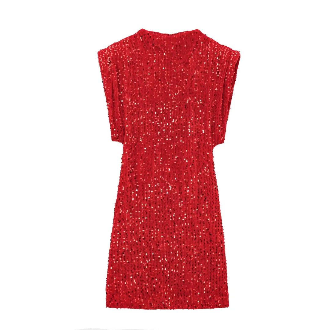 Front view of red sequined mini dress laid flat with structured shoulders 16