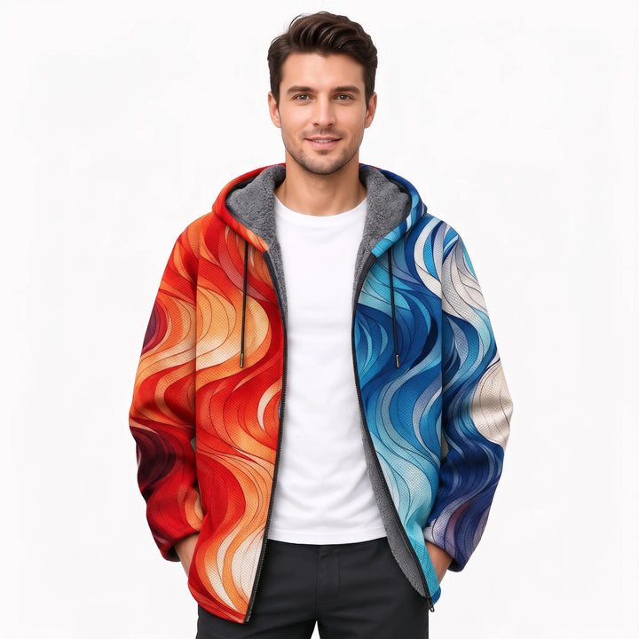 Man smiling in the open hooded jacket split between flowing red-orange and blue wave patterns 16