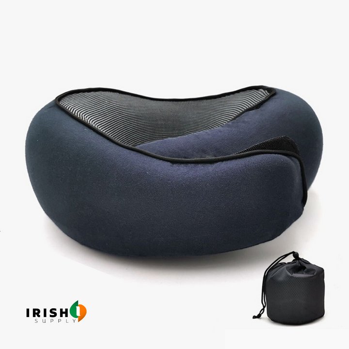 Navy blue front-support travel neck pillow with striped inner panel and black trim, with a black drawstring pouch.
